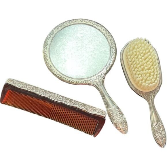 Antique Silver Plated Vanity Set With Brush Mirror & Comb - Picture 2 of 8